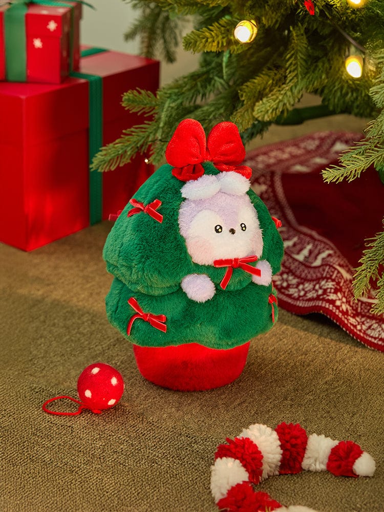 BT21 MANG minini TREE PLUSH PETITE HOLIDAY : peluche Mang poney danseur masqué, décor de Noël près du sapin, marque BT21.