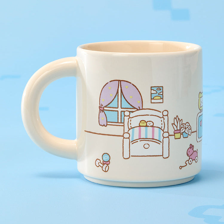 BT21 MMMM BABY Turnaround Mug : mug blanc décoré avec personnages, style Kawaii, sur fond bleu ciel