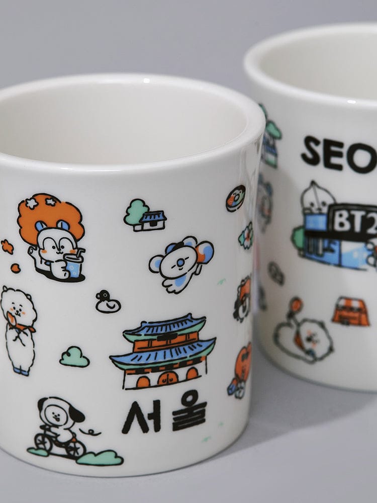 BT21 MUG CUP SEOUL EDITION (11oz) LINE FRIENDS : tasses blanches avec personnages BT21 et décor Séoul, ambiance kawaii