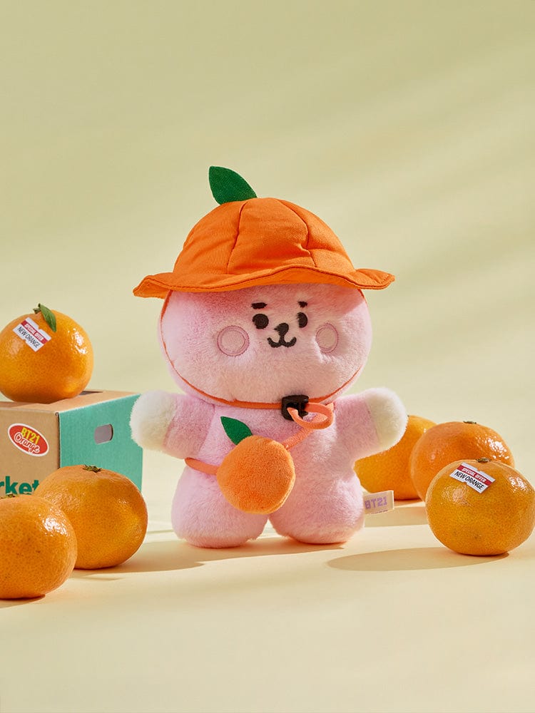 BT21 ORANGE PARTY COSTUME CLOSET - BUCKET HAT SET : peluche LINE FRIENDS BTS orange avec mini chapeau et décor fête