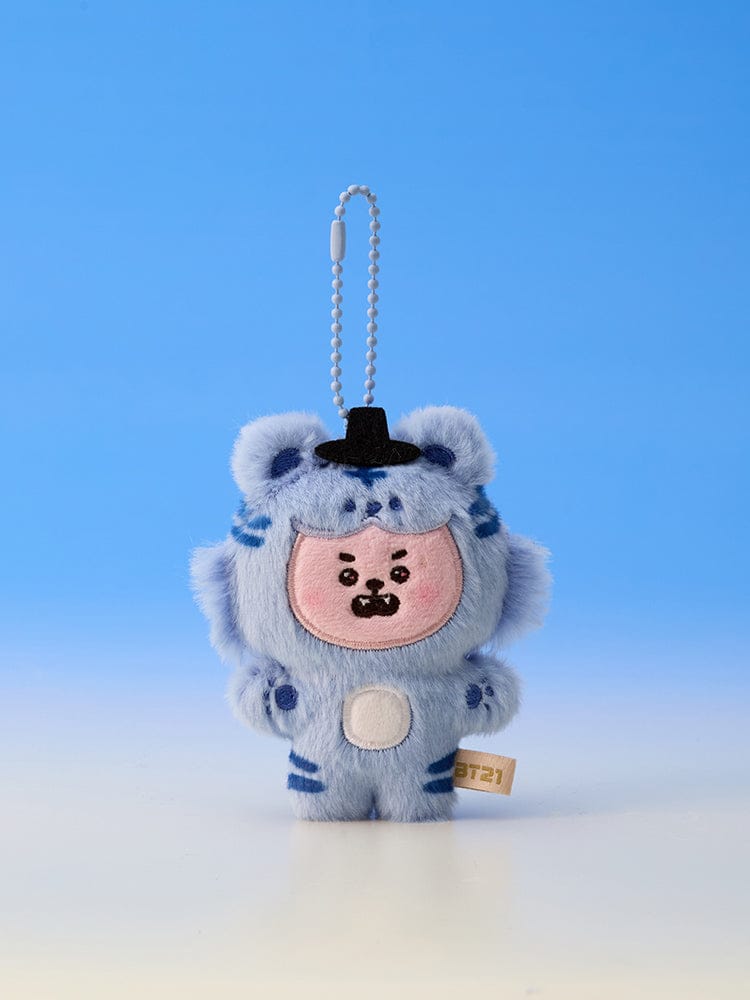 BT21 PLUSH KEYRING K-HORANG, porte-clés peluche LINE FRIENDS, personnage K-Horang sur fond bleu ciel