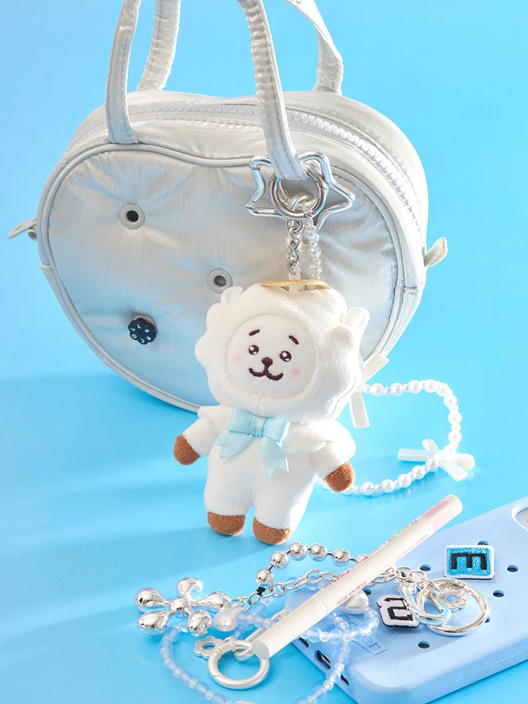 BT21 RJ ANGEL PLUSH KEYRING ANGEL & VILLAIN : porte-clés RJ alpaga, sur fond bleu, figurine décorative et accessoires LINE FRIENDS.