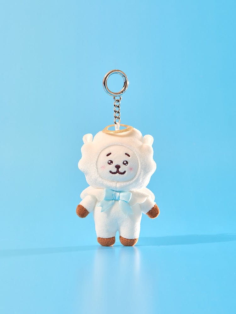 BT21 RJ ANGEL PLUSH KEYRING ANGEL & VILLAIN, porte-clés RJ alpaga en peluche bleu sur fond bleu, LINE FRIENDS officiel