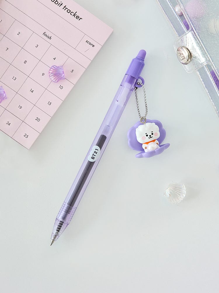 BT21 RJ BABY PEARL FIGURINE GEL PEN de LINE FRIENDS : stylo violet RJ avec breloque, sur cahier et calendrier, bureau.