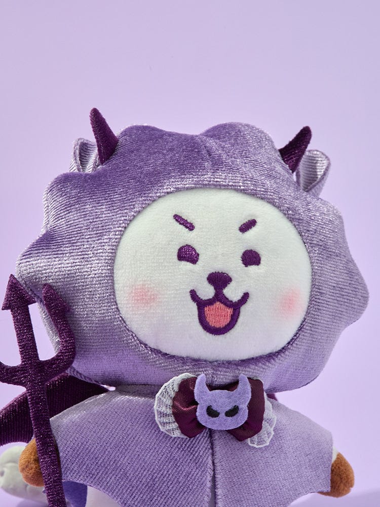 BT21 RJ VILLAIN PLUSH ANGEL & VILLAIN officiel LINE FRIENDS, peluche RJ alpaga violet, vue rapprochée sur fond violet.