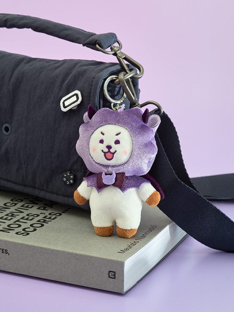BT21 RJ VILLAIN PLUSH KEYRING ANGEL & VILLAIN : porte-clés RJ violet sur casquette, style K-pop LINE FRIENDS.