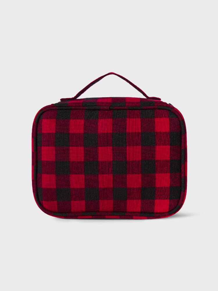 BT21 RJ minini CHECKERED POUCH BASIC : pochette/mini sac à carreaux rouge et noir, visuel de la marque LINE FRIENDS