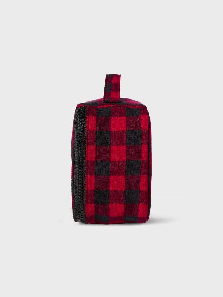 BT21 RJ minini CHECKERED POUCH BASIC, pochette officielle LINE FRIENDS à carreaux rouges, forme arrondie, alpaga RJ.