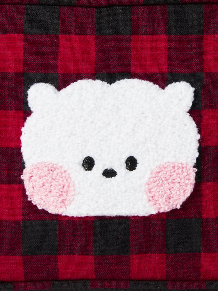 BT21 RJ minini CHECKERED POUCH BASIC : pochette tissu à carreaux rouge, tête d’alpaga RJ au centre, logo LINE FRIENDS.