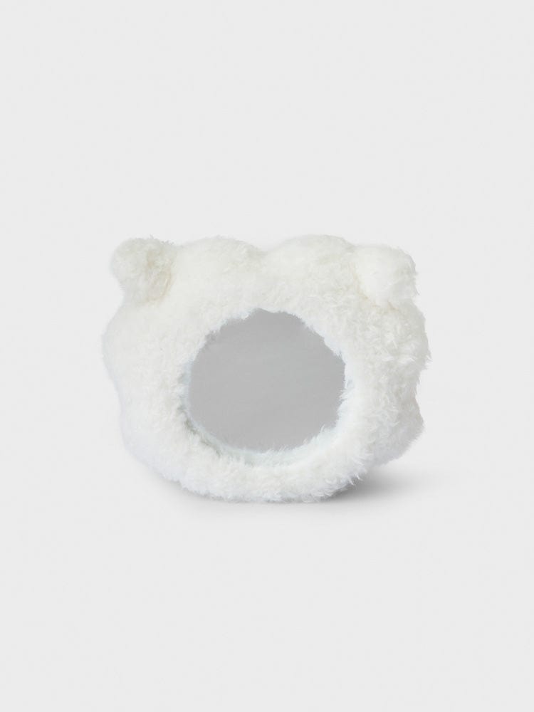 BT21 RJ minini HANDHELD MIRROR GLITTER EDITION : miroir de poche en forme d’alpaga RJ, peluche douce, fond clair.