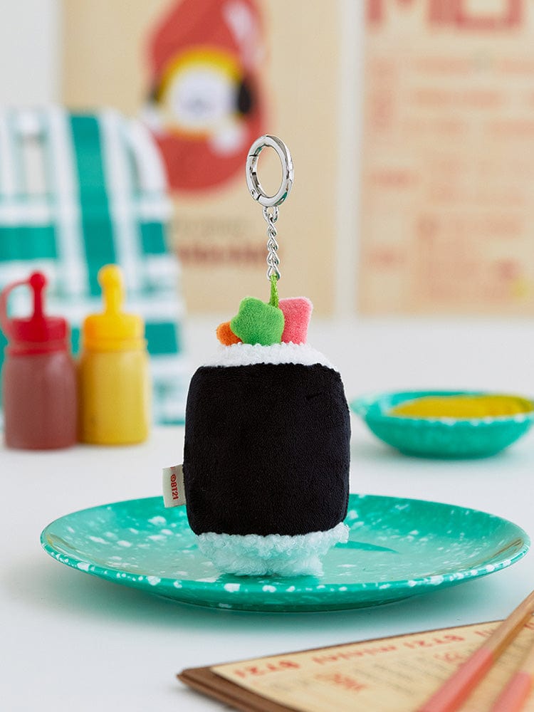 BT21 RJ minini PLUSH KEYRING BUNSIK, porte-clés alpaga RJ sur support turquoise, chambre déco K-pop LINE FRIENDS officiel.