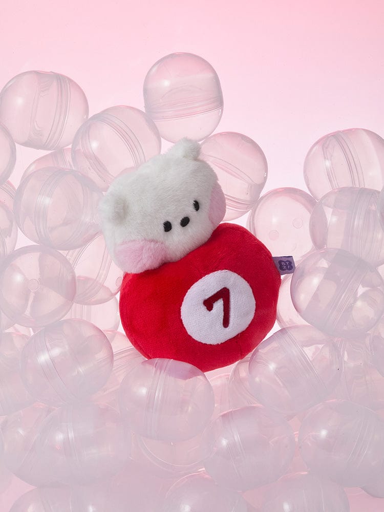 BT21 RJ minini PLUSH LUCKY GATCHA : peluche RJ alpaga officielle Jin de BTS, dans des balles roses, photo produit.