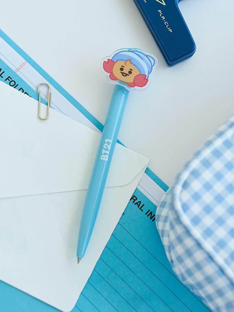 BT21 SHOOKY BABY ACRYLIC GEL PEN OCEAN FRIENDS, stylo bleu SHOOKY sur cahiers d’école, papeterie LINE FRIENDS