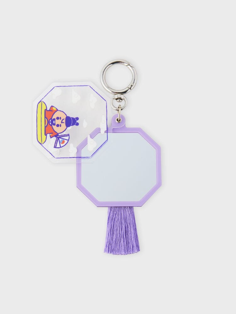 BT21 SHOOKY BABY MIRROR KEYRING K-EDITION ver.2 porte-clés miroir SHOOKY LINE FRIENDS, pompon violet, sur fond clair.