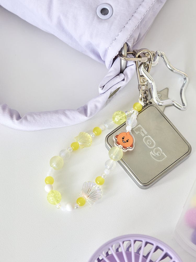 BT21 SHOOKY BABY PEARL BEADED KEYRING LINE FRIENDS : porte-clés SHOOKY perlé jaune sur sac, accessoire K-pop officiel.