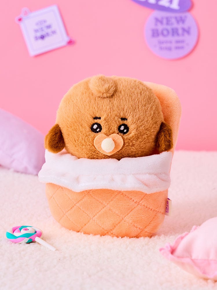BT21 SHOOKY NEWBORN BABY PLUSH officielle LINE, peluche bébé dans une couverture sur fond rose pastel, chambre décor