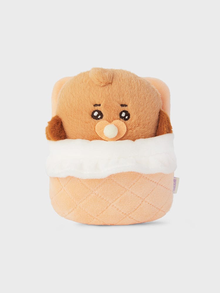 BT21 SHOOKY NEWBORN BABY PLUSH : peluche officielle LINE représentant SHOOKY, bébé biscuit mignon, décor chambre sur fond clair.