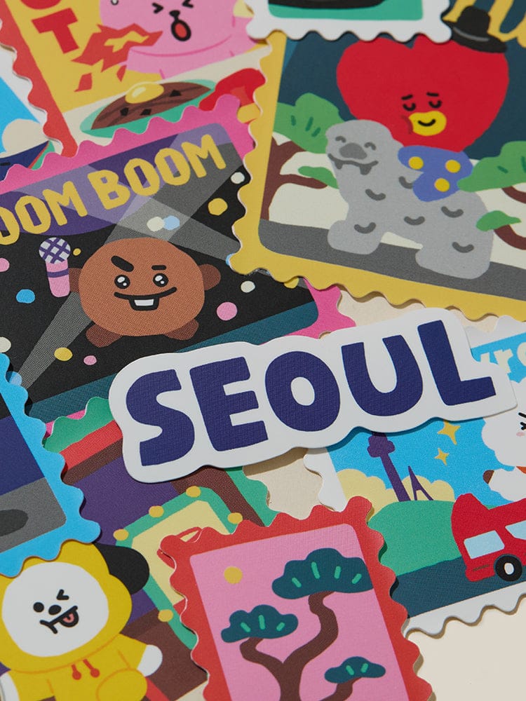 BT21 STICKER PACK SEOUL EDITION : stickers officiels LINE FRIENDS BTS, visuels Seoul, école/bureau, ambiance joyeuse multicolore