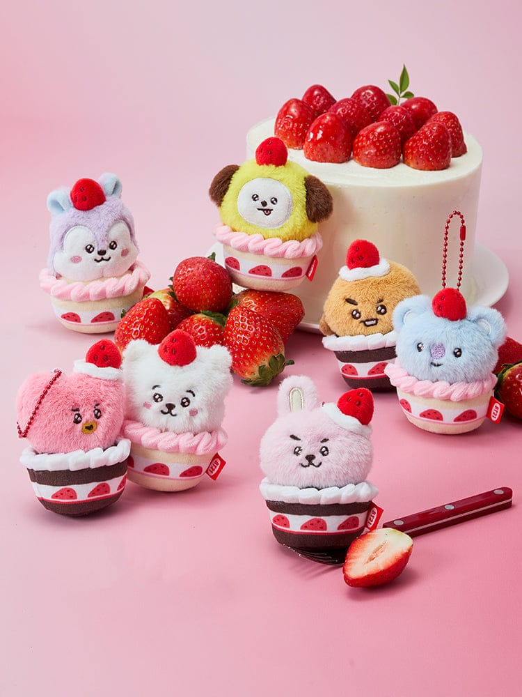 BT21 STRAWBERRY TART PLUSH KEYRING STRAWBERRY PARTY : porte-clés plush LINE FRIENDS, figurines fraises sur fond rose, officiel BTS