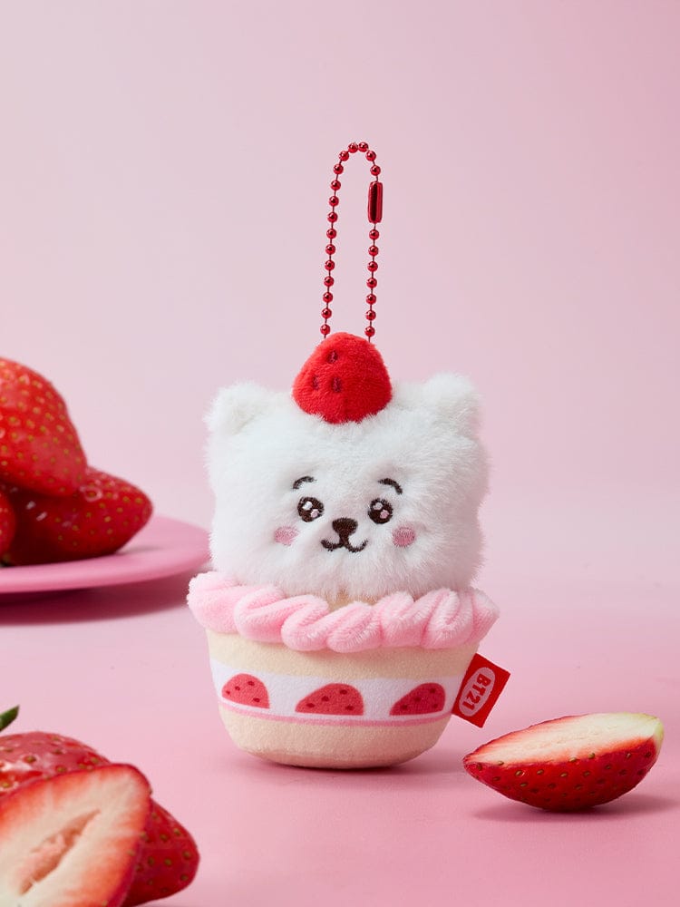 BT21 STRAWBERRY TART PLUSH KEYRING STRAWBERRY PARTY, porte-clés en peluche officiel BT21 sur fond rose avec fraises