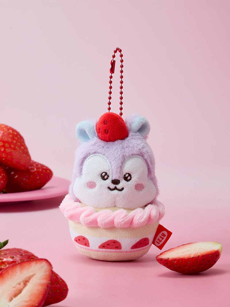 BT21 STRAWBERRY TART PLUSH KEYRING STRAWBERRY PARTY, porte-clés plush officiel BT21/LINE FRIENDS sur fond rose