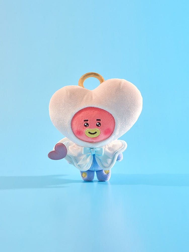 BT21 TATA ANGEL PLUSH ANGEL & VILLAIN, peluche officielle LINE FRIENDS, TATA en ange, fond bleu ciel, studio.