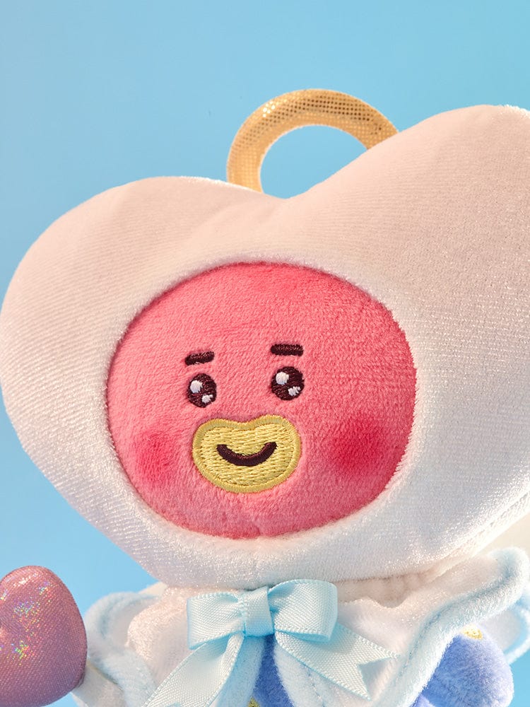 BT21 TATA ANGEL PLUSH ANGEL & VILLAIN LINE FRIENDS peluche douce, gros plan sur le visage sur fond bleu ciel