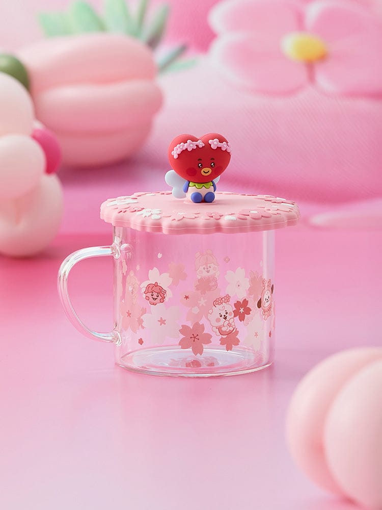 BT21 TATA BABY GLASS UP & LID (11oz) SPRING FAIRY, verre kawaii avec couvercle à figurine TATA, décor fleurs roses.