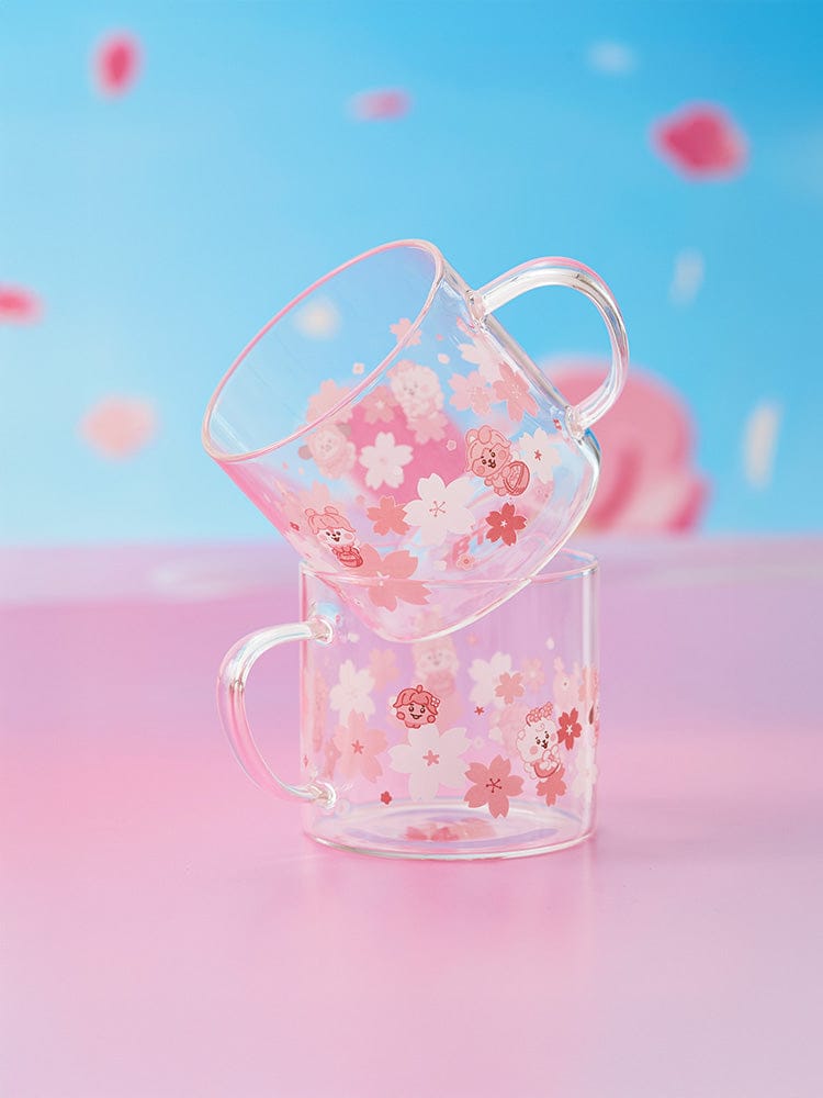 BT21 TATA BABY GLASS UP & LID (11oz) SPRING FAIRY, biberon en verre kawaii LINE FRIENDS avec fleurs sur fond bleu