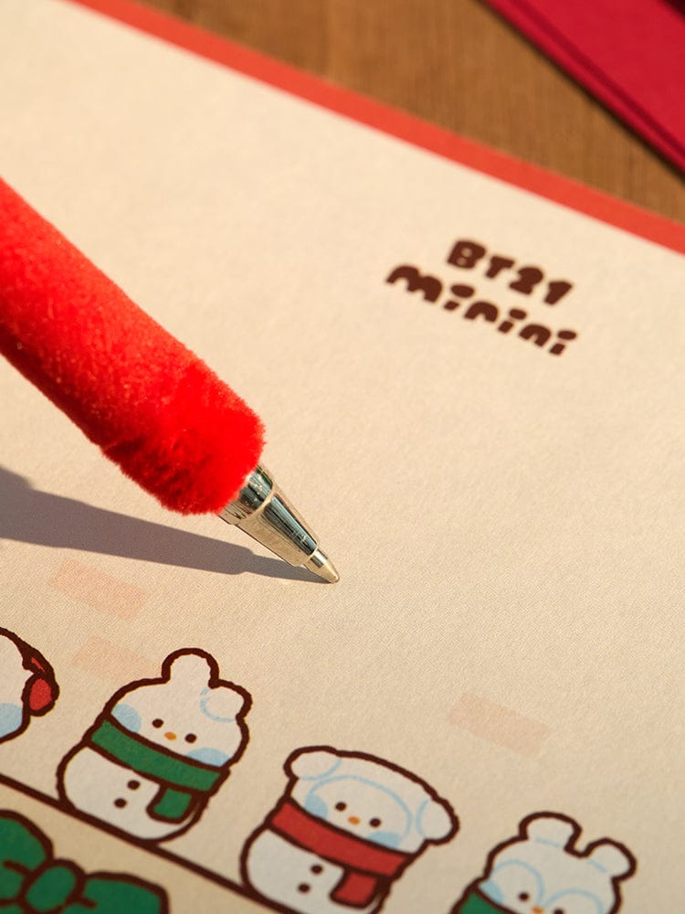 BT21 TATA mini minini SNOWMAN PLUSH GEL PEN PETITE HOLIDAY : stylo peluche BT21 minini sur papier décoratif en hiver