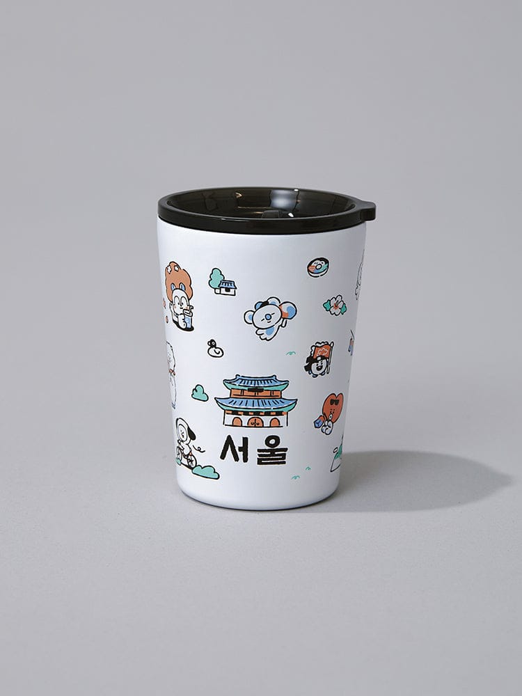 BT21 TUMBLER SEOUL EDITION (11oz) LINE FRIENDS : mug blanc à motifs personnages BT21, intérieur kawaii sur fond gris.