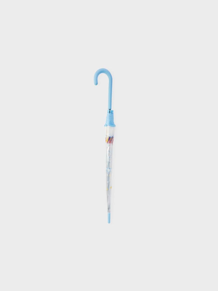 BT21 UMBRELLA ON THE CLOUD EDITION : parapluie bleu transparent LINE FRIENDS, décor nuages et motifs BT21 sur fond clair.