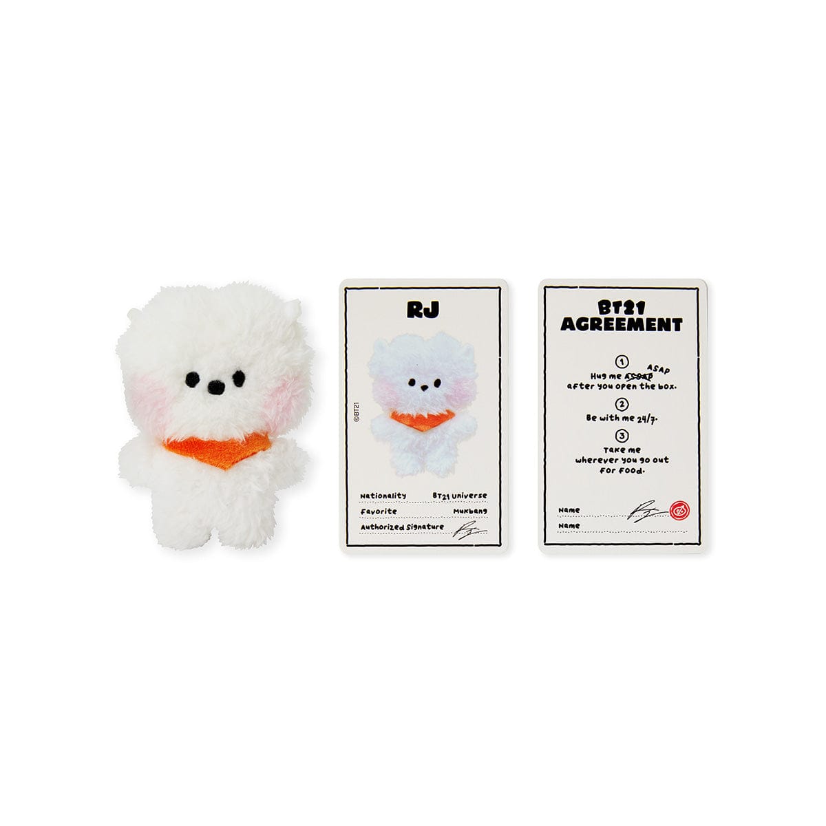 BT21 mini minini RJ DOLL : peluche alpaga blanche Jin BTS, style minimaliste, pack avec étiquette officielle sur fond blanc.