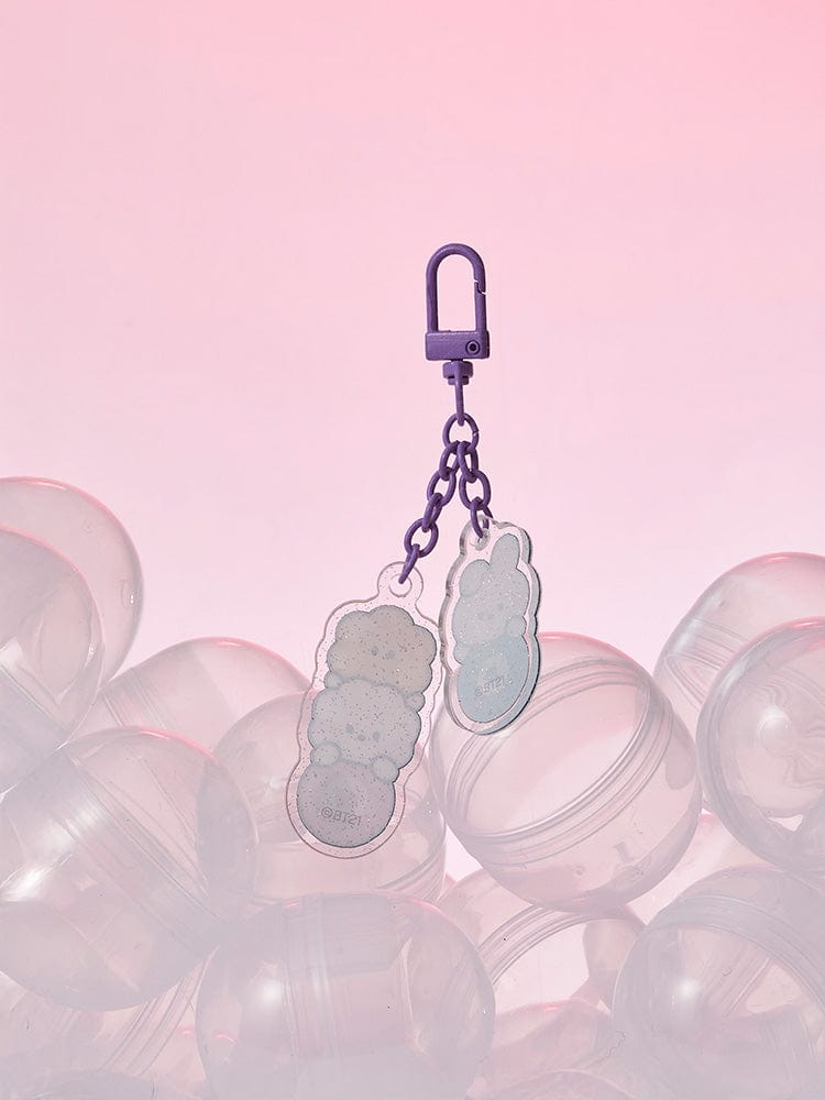 BT21 minini ACRYLIC KEYRING LUCKY GATCHA - B : porte-clés acrylique violet sur fond rose, bulles transparentes, style LINE FRIENDS