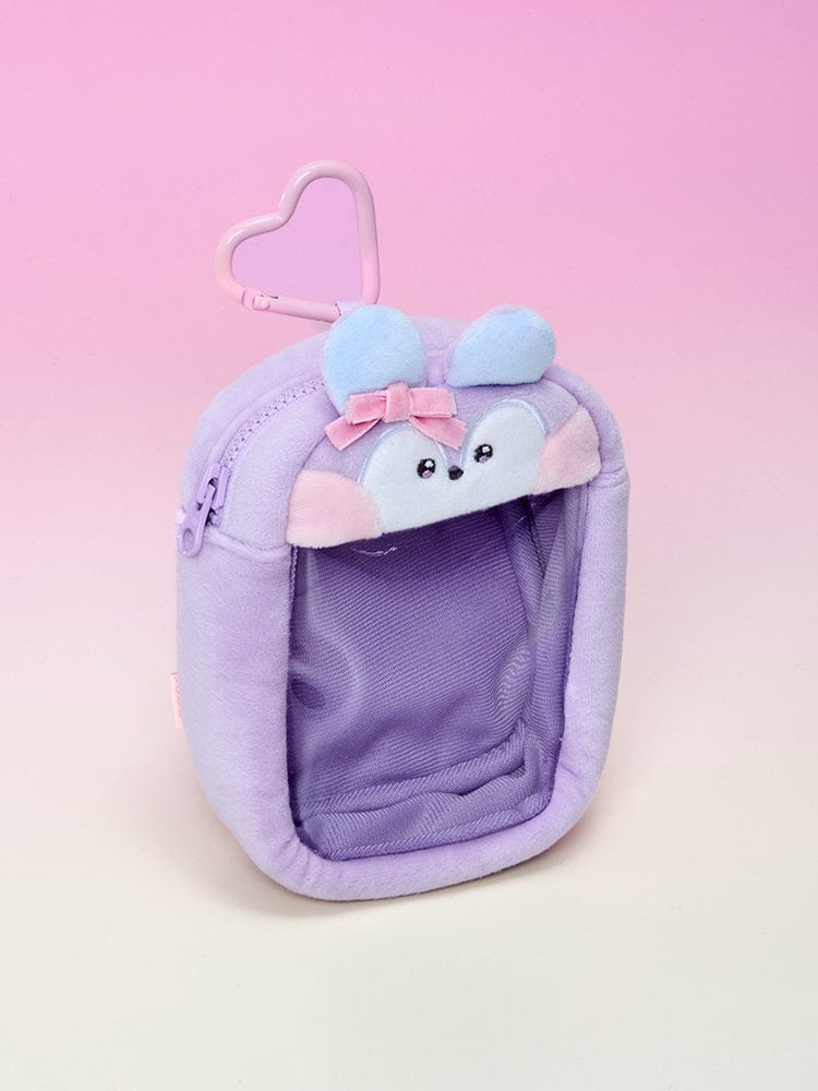 BT21 minini CLEAR BAG CHARM POUCH RIBBONED U : pochette charm claire Minini avec rubans, licencée LINE FRIENDS, fond rose.