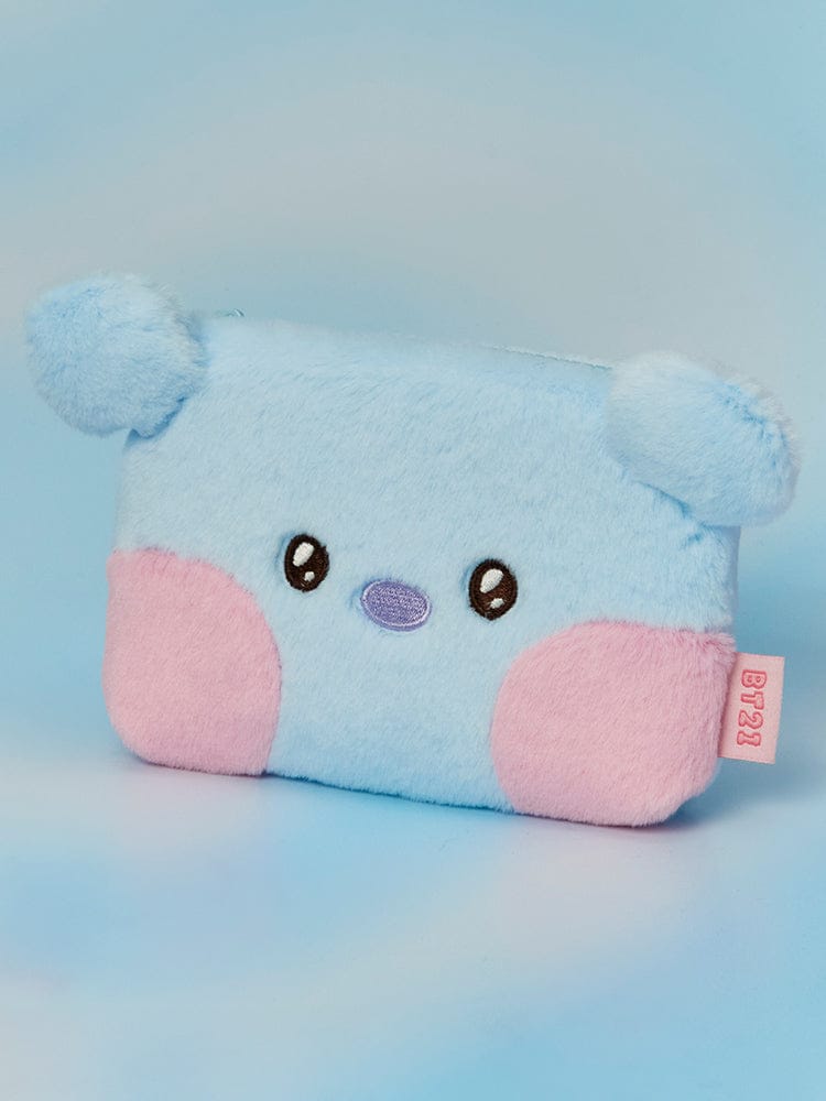 BT21 minini POUCH HUG ME, pochette LINE FRIENDS bleue peluche, personnages BT21, design rond minimaliste sur fond ciel.