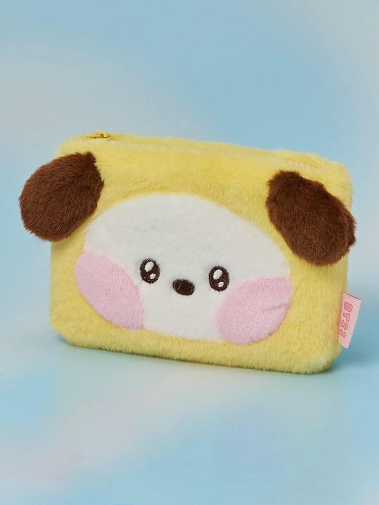 BT21 minini POUCH HUG ME LINE FRIENDS, pochette peluche jaune en forme câlin avec visage Koya sur fond bleu ciel