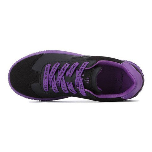 BTS x The Planet Oneil Shoes - Black (HSBTS013-199) : baskets noir/violet de la collab BTS, vue latérale sur fond blanc.