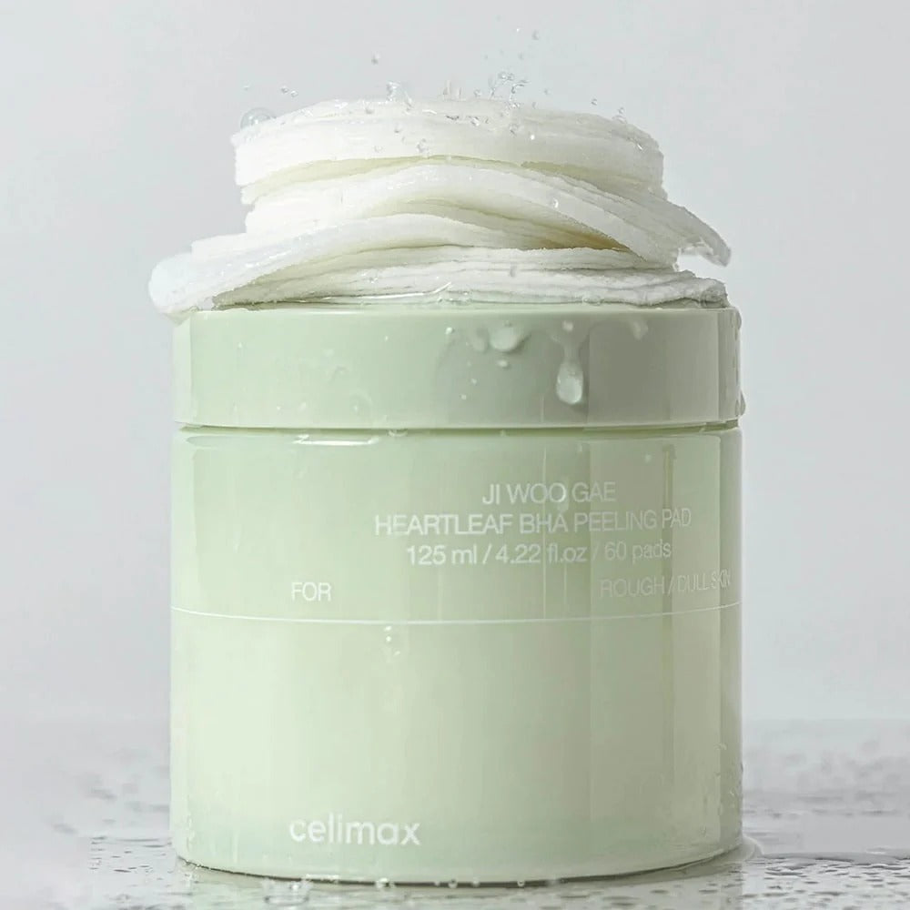 CELIMAX Ji Woo Gae Heartleaf BHA Peeling Pad 60 Pads de la marque CELIMAX, pot vert sur fond clair, produits skincare