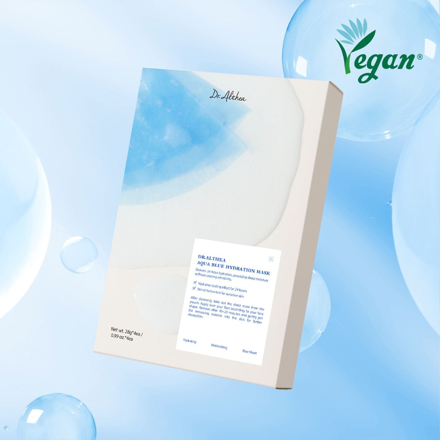 DR.ALTHEA Aqua Blue Hydrating Mask (4ea) : masque hydratant bleu, marque Dr.Althea, sur fond visuel aquatique.