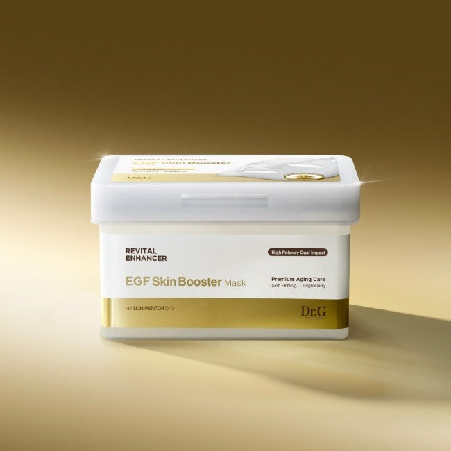 Dr. G Revital Enhancer EGF Skin Booster Mask 20 Sheets présenté sur fond doré, soin premium pour un teint éclatant et ferme.