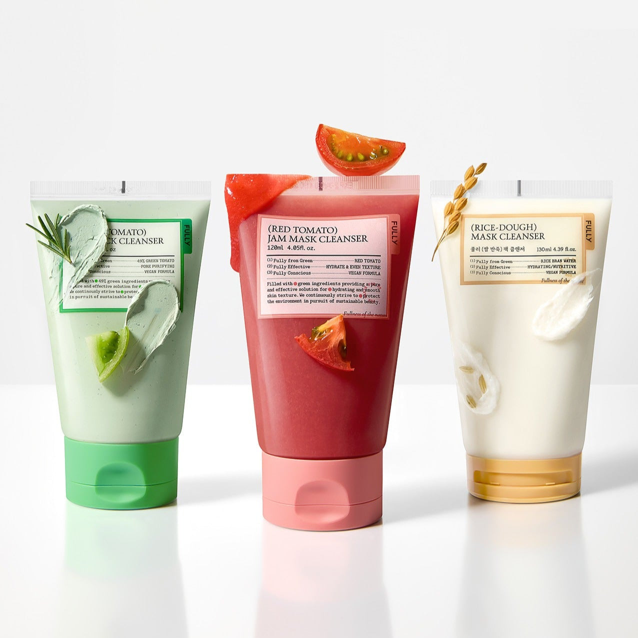 FULLY Fully Pack Cleanser 3-piece set, produits FULLY sur fond blanc : nettoyant tomate et masque riz, pack de 3.