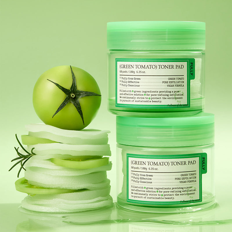 FULLY Green Tomato Toner Pads 60 Sheets de la marque FULLY, sur fond vert avec tomates et coton, image produit.