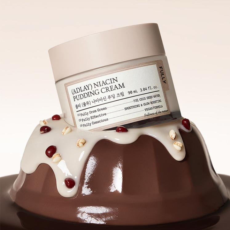 FULLY Yulmu Niacin Pudding Cream 90ml, pot crème sur fond blanc, texture pudding et décor chocolat; marque FULLY Yulmu.