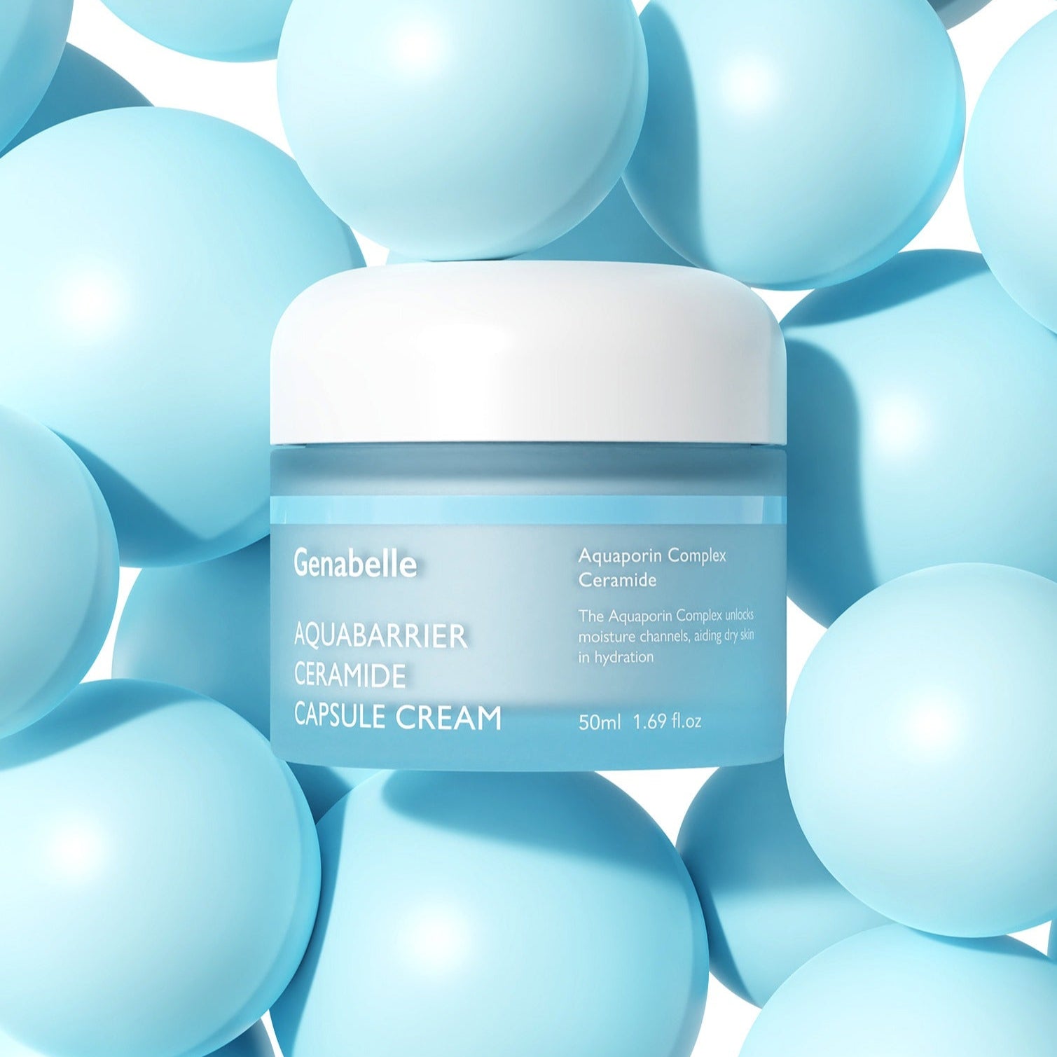 GENABELLE Auqabarrier Ceramide Capsule Cream 50ml, flacon Genabelle sur fond billes bleues, crème barrière céramides.