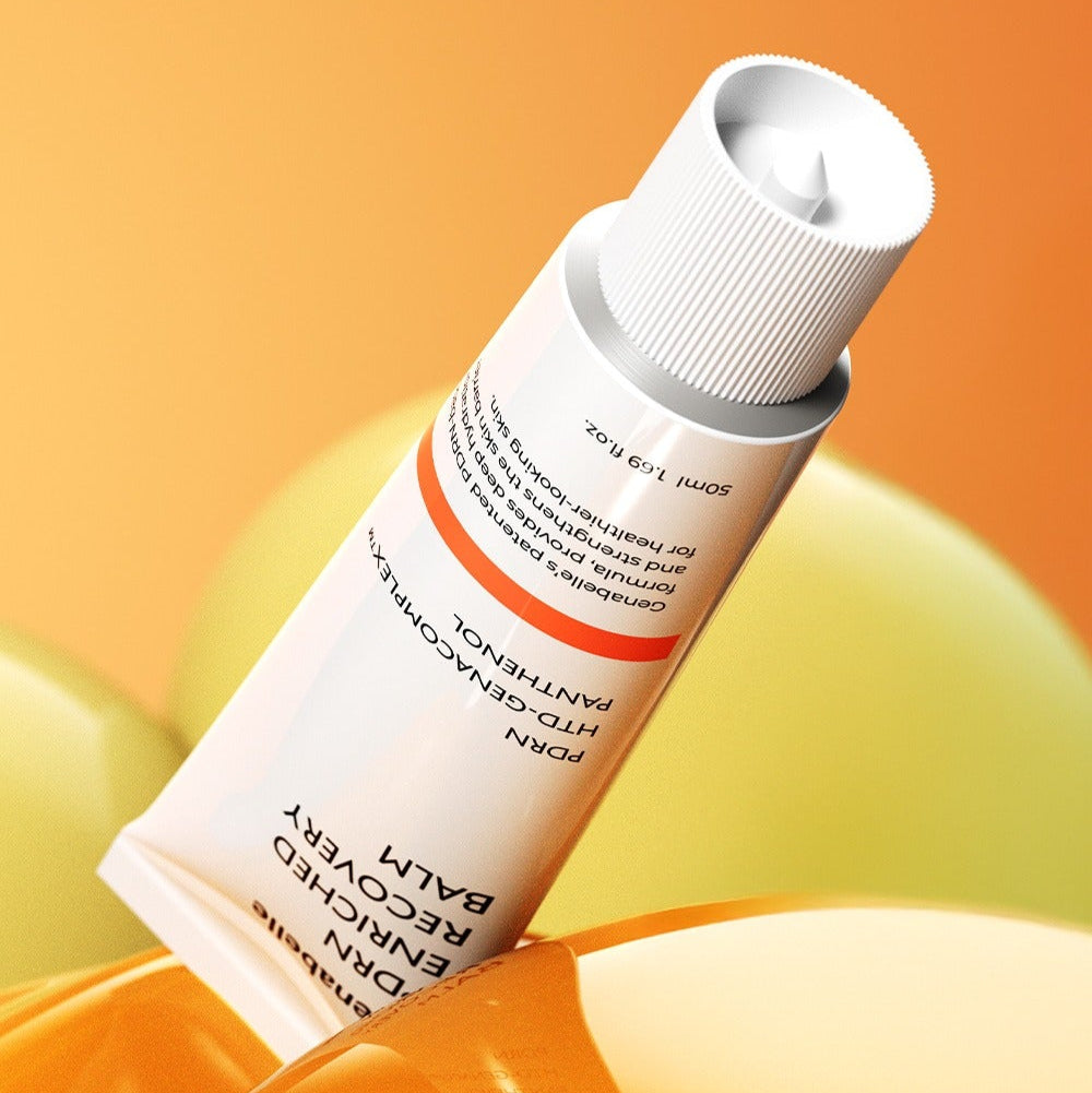GENABELLE PDRN Enriched Recovery Balm 50ml, tube crème sur fond orange, texture baume en contexte skincare.