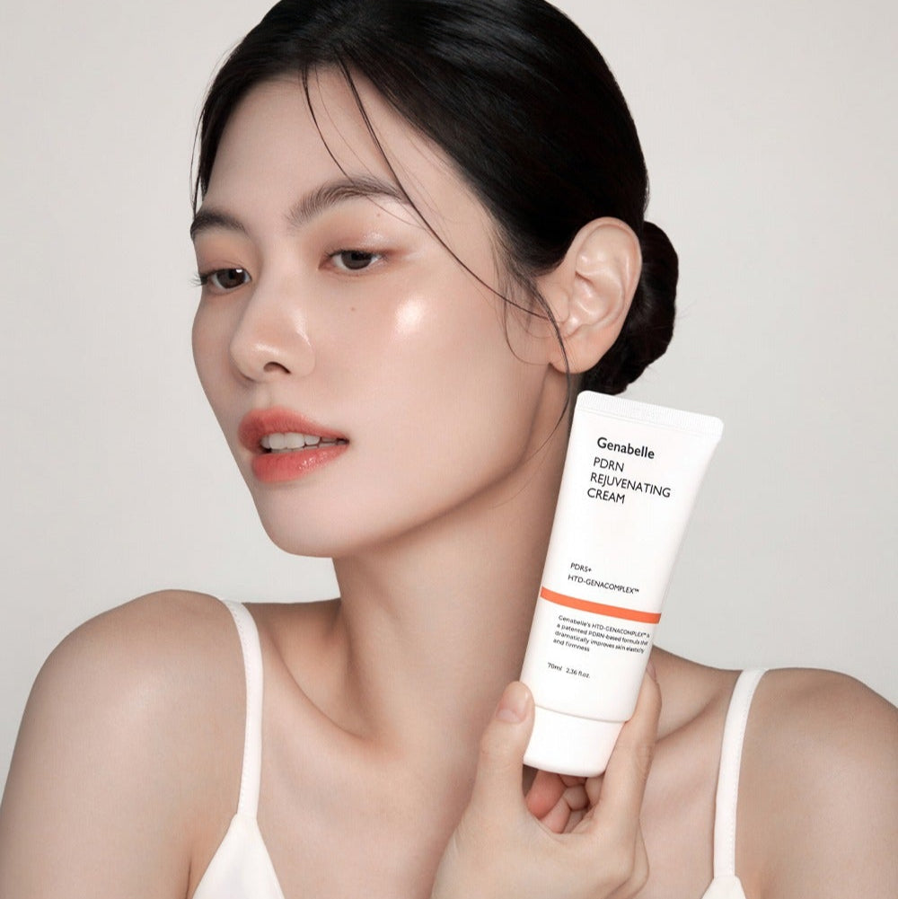 GENABELLE PDRN Rejuvenating Cream 70ml : tube sur une jeune femme, peau lumineuse, marque Genabelle sur fond clair.