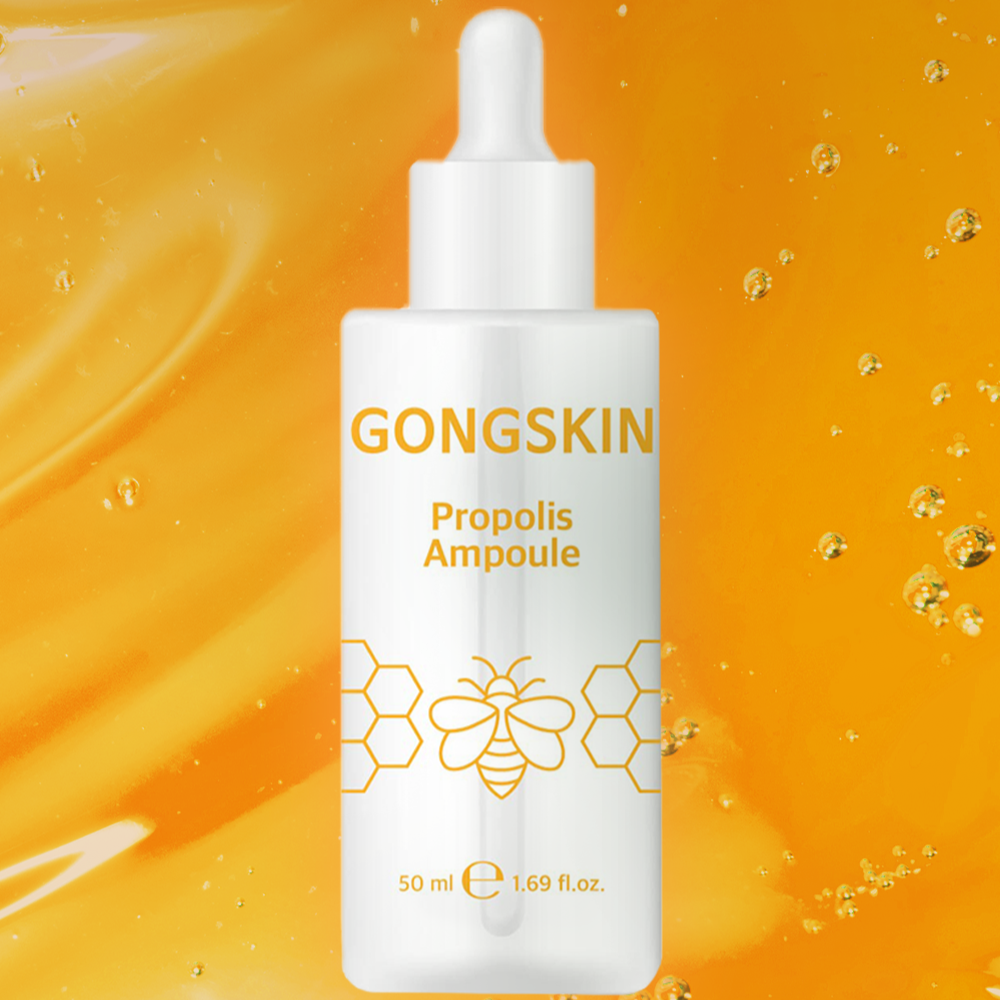 GONGSKIN Propolis Ampoule 50ml, flacon blanc sur fond orange doré, gouttes et particules de propolis, marque GONGSKIN