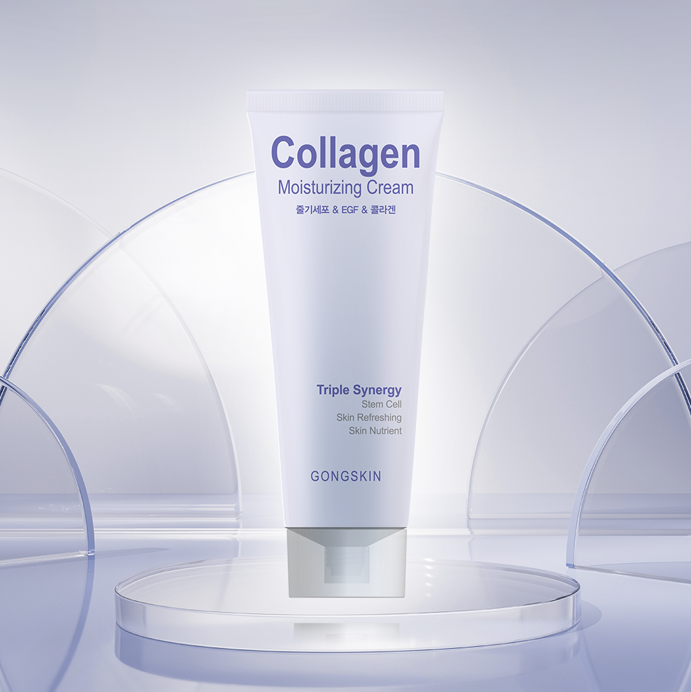 GONGSKIN Stem Cell & EGF & Collagen Moisturizing Cream 100ml, tube blanc sur socle bleu clair, visuel cosmétique produit
