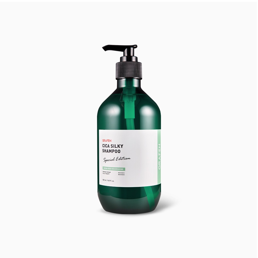 GRAFEN Cica Silky Shampoo 500ml, flacon de shampooing vert à pompe sur fond blanc, branding produit.